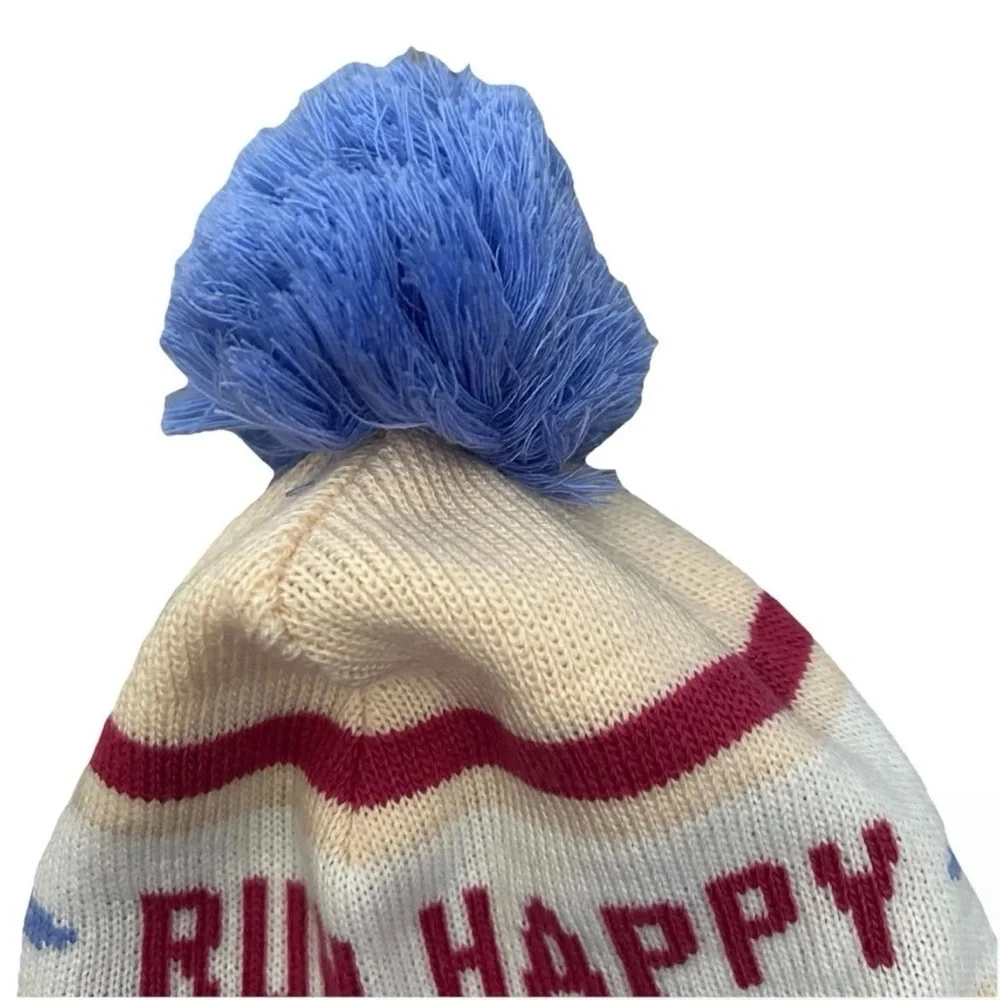 Brooks Run Happy Blue Cream Maroon Pom Beanie